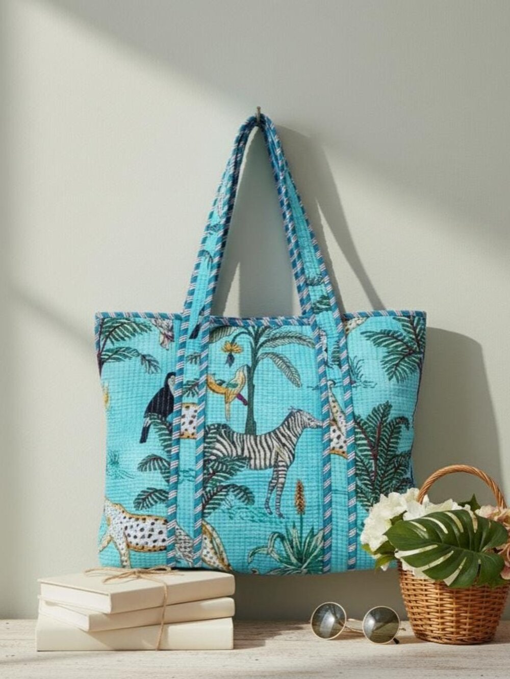 Reusable Quilted Cotton Tote Bag – Hand Screen-Printed Animal Design Blue